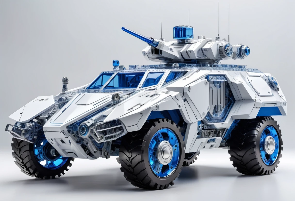 solid light grey background, White and blue transparent mechanical armored vehicle , Complex and sophisticated internal structure,  (Well-designed, High Detail, masterpiece, best quality, Ultra HD, Sharpen details)