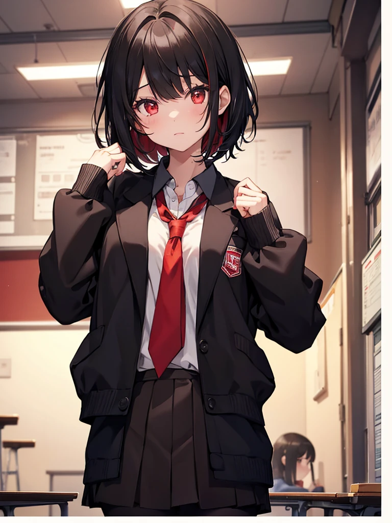 One Girl. Black Hair Girl. Red eyes. highSchool girl. short hair.Black and Red . School. classroom. Dim lighting. evening. cute