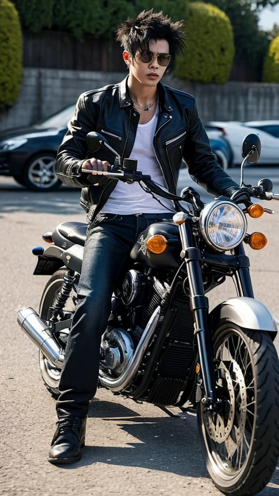 Cold and dangerous man, with Rockstar and punk airs, no shirt with abs zero definition, very similar to sid vicious. Riding on a motorcycle.