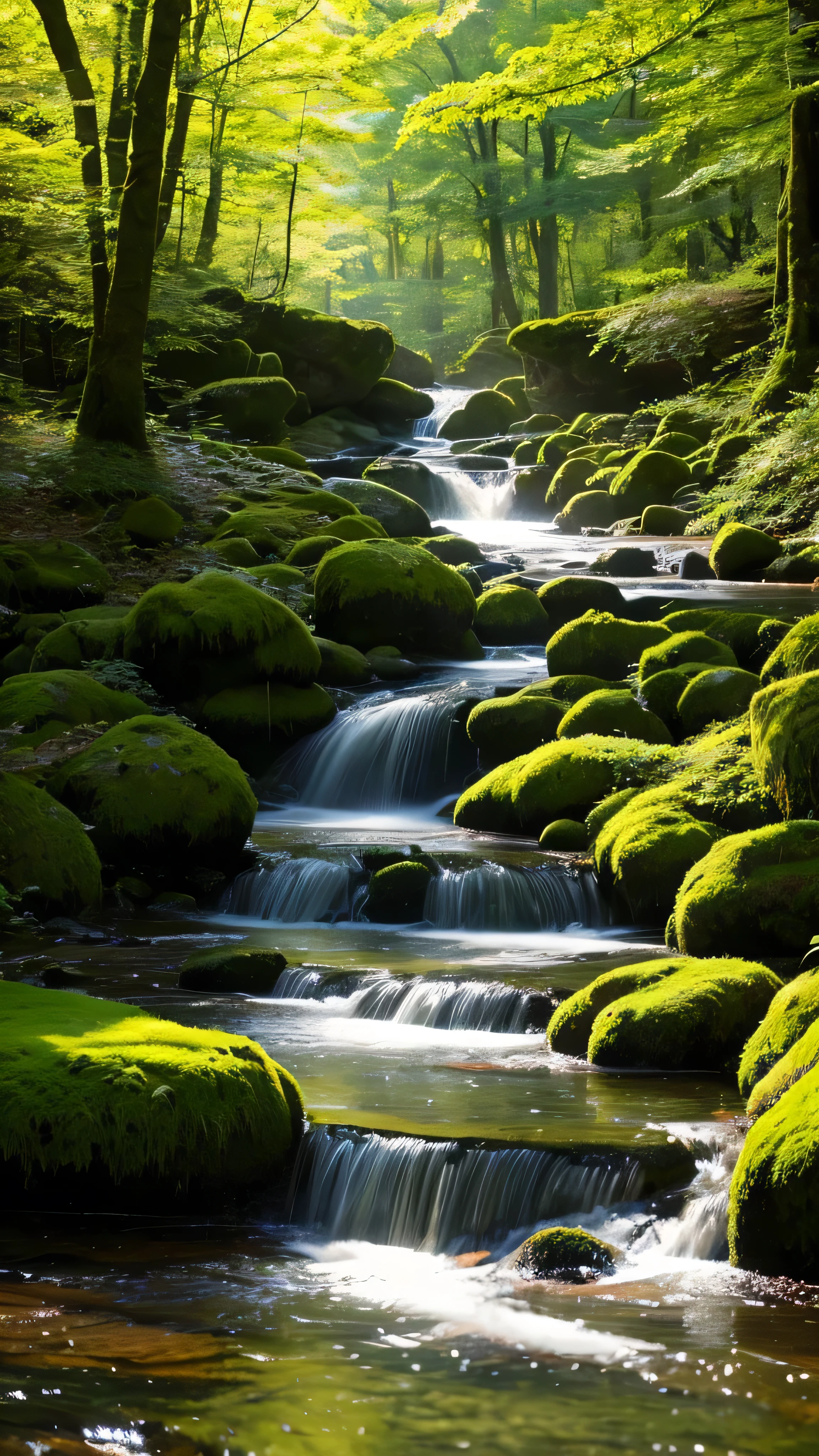 Primary forest,wood々The sunlight shines in,Mossy stone,spring,(stream),Large hardwood