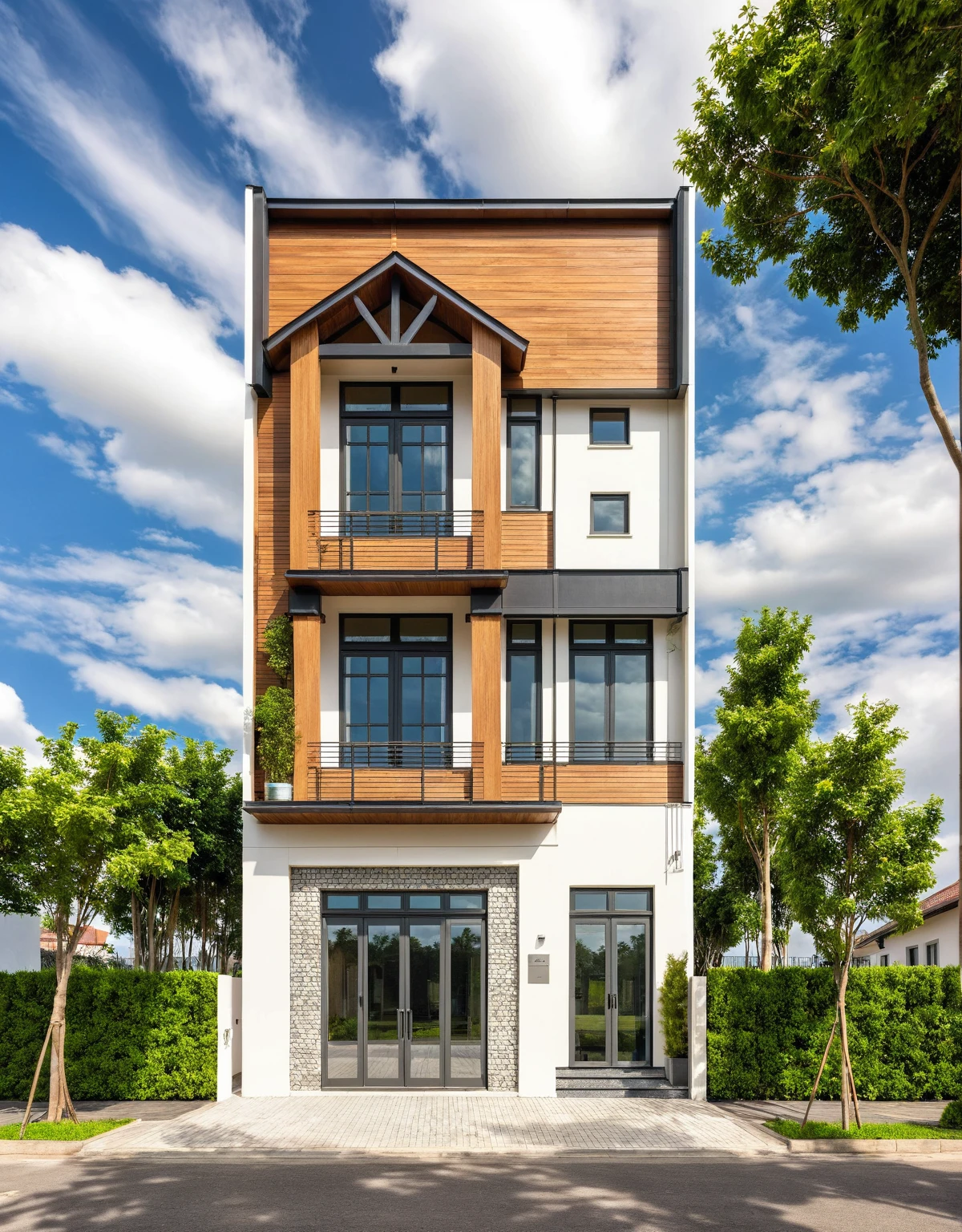 Masterpiece, high quality, best quality, authentic, super detail, outdoors, house style modern,bietthuhn, white wall, glass windows, gate road,pavement, grass, trees,blue sky, cloud, (day:1.1), realistic lighting,photography expert ,exterior design , professional photography, exterior photography,wide-angle shot , ultra detail , high Resolution , full frame, full body