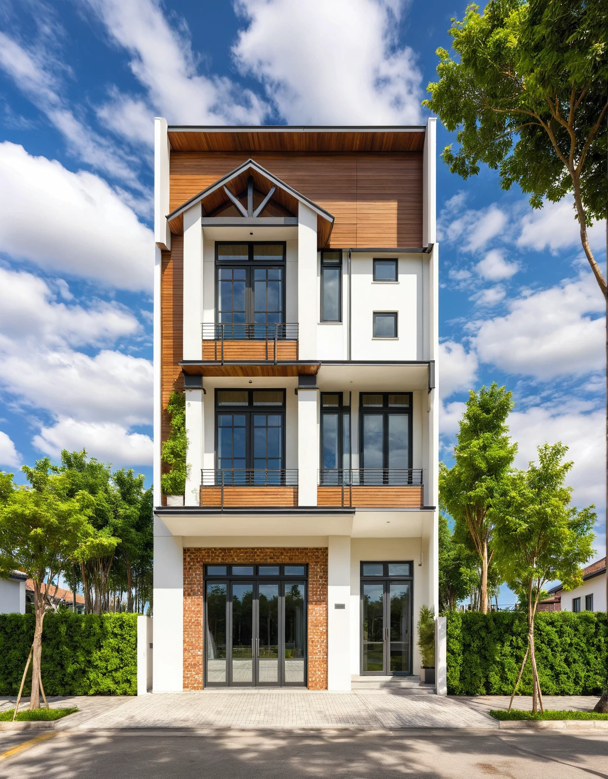 Masterpiece, high quality, best quality, authentic, super detail, outdoors, house style modern,bietthuhn, white wall, glass windows, gate road,pavement, grass, trees,blue sky, cloud, (day:1.1), realistic lighting,photography expert ,exterior design , professional photography, exterior photography,wide-angle shot , ultra detail , high Resolution , full frame, full body