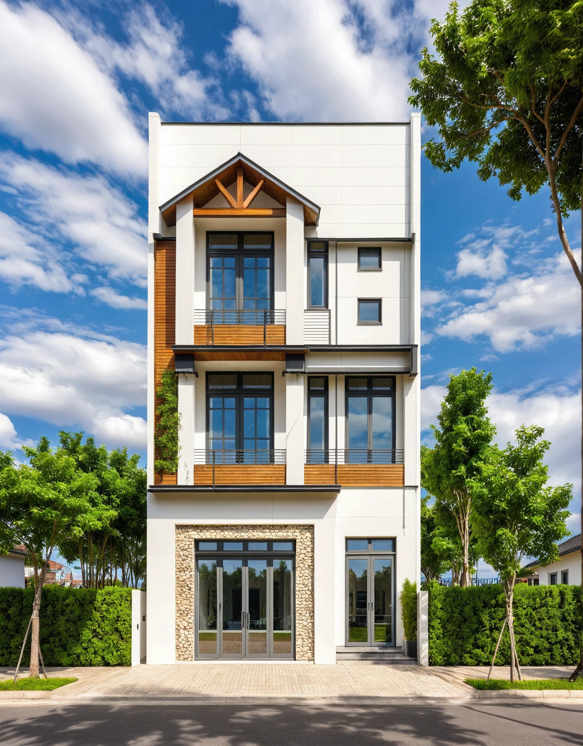 Masterpiece, high quality, best quality, authentic, super detail, outdoors, house style modern,bietthuhn, white wall, glass windows, gate road,pavement, grass, trees,blue sky, cloud, (day:1.1), realistic lighting,photography expert ,exterior design , professional photography, exterior photography,wide-angle shot , ultra detail , high Resolution , full frame, full body