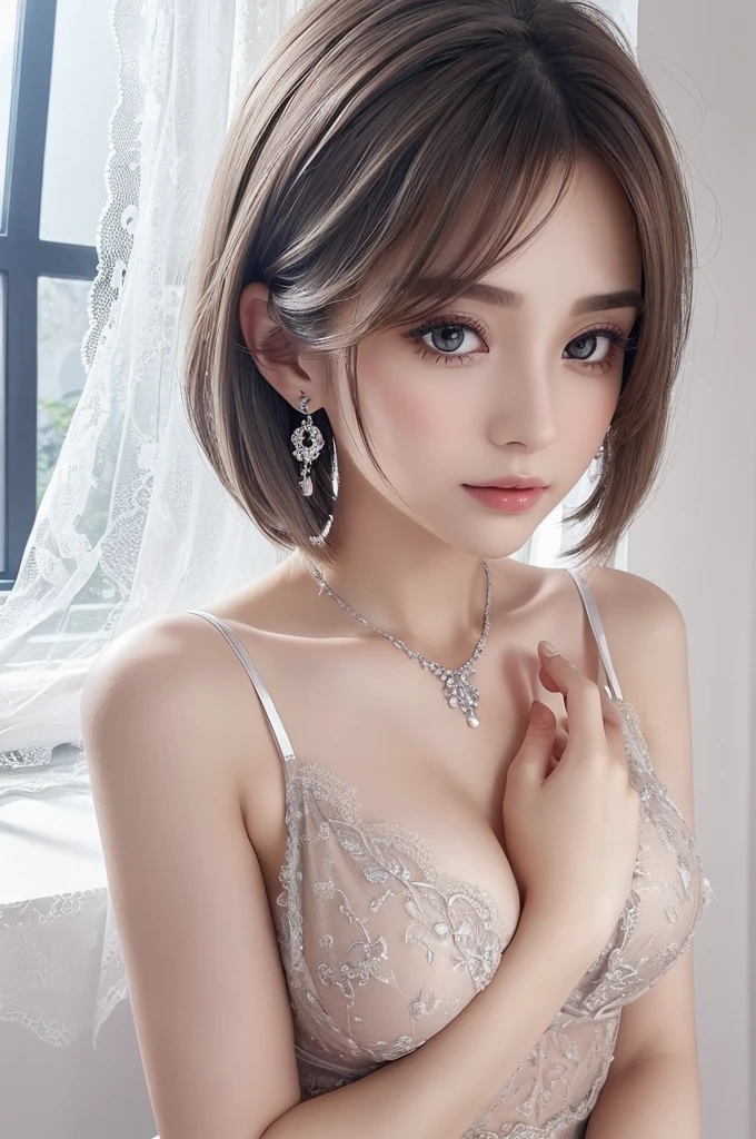 silver lace thong&Good, (((Very elegant and beautiful, Perfect detail, Super detailed))), whole body, The most detailed girl, Depth of written boundary, 美しく詳細なwhole body, Thin legs, 1 girl, 30 years old, Very short hair, Spiked Hair, Gray and silver hair, Beautiful detailed hair, Perfect Face, Expressionless, Beautifully detailed deep eyes, Open your mouth a little, Delicate arms and hands, Pale skin, Earrings, Beautiful and gorgeous necklace, Colorful background, HD background, Blurred Background, Very delicate and beautiful, Masterpiece, (((Highest quality, Very beautiful 8K CG wallpaper))), (((Trendy hairstyles))), (Inside the room,Stylish interior,window),