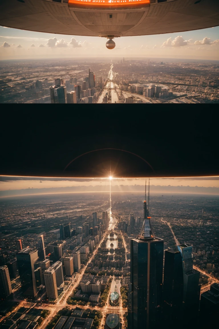 View from a low space orbit of a futuristic meglopolis on Earth, skyscrapers, parks, monuments, and boulevards. The whole megalopolis is surrounded by a extremely tall dark orange circular wall with a diameter of 30 miles. In the center of the city, a large park around a deep, black hole with a diameter of 2 miles, leading underground. Outside the wall, there are only farms.