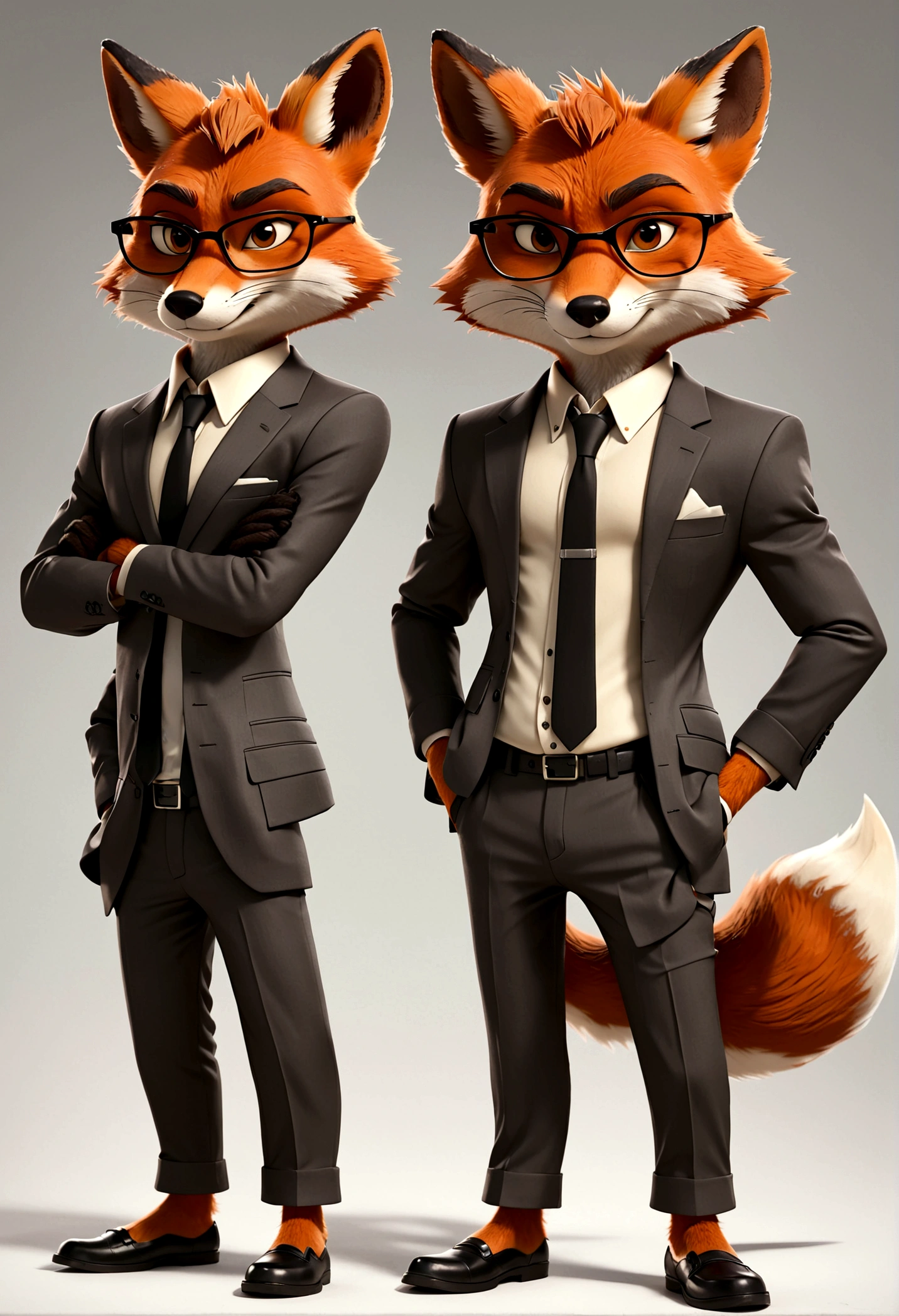 Wearing a suit，wearing glasses，Fox standing with hands in pockets, Zootopia style, movie Features, Zootopia movie style, Zootopia style, looking heckin cool and stylish, in Zootopia style, 迪士尼疯狂Zootopia style, mob_Features, Fox stylized furry, Anthropomorphic gangster fox, Multiple poses and expressions, 4 positions, whole body, White background, Black Sunglasses, Shorty 