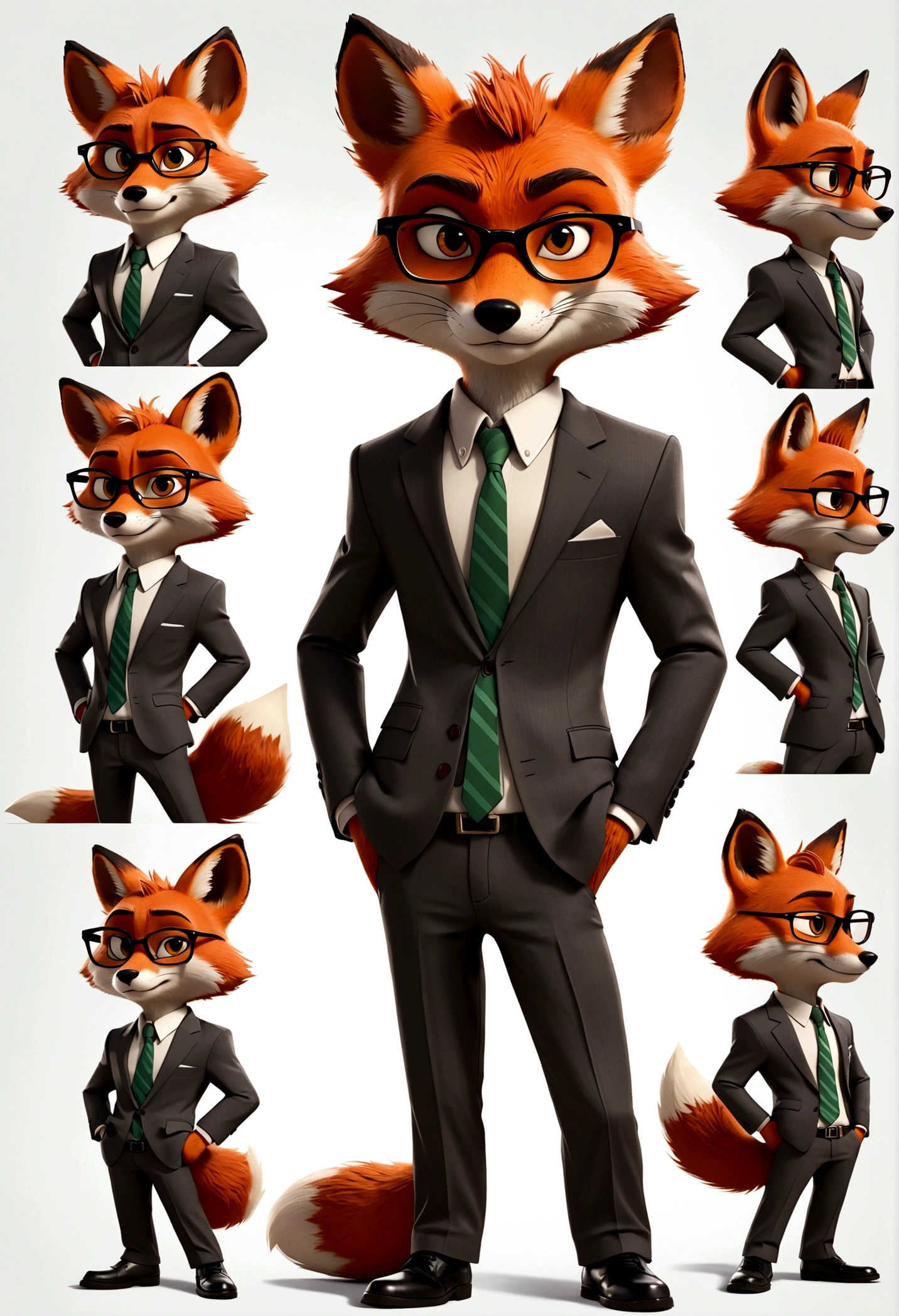 Wearing a suit，wearing glasses，Fox standing with hands in pockets, Zootopia style, movie Features, Zootopia movie style, Zootopia style, looking heckin cool and stylish, in Zootopia style, 迪士尼疯狂Zootopia style, mob_Features, Fox stylized furry, Anthropomorphic gangster fox, Multiple poses and expressions, 4 positions, whole body, White background, Black Sunglasses, Shorty 