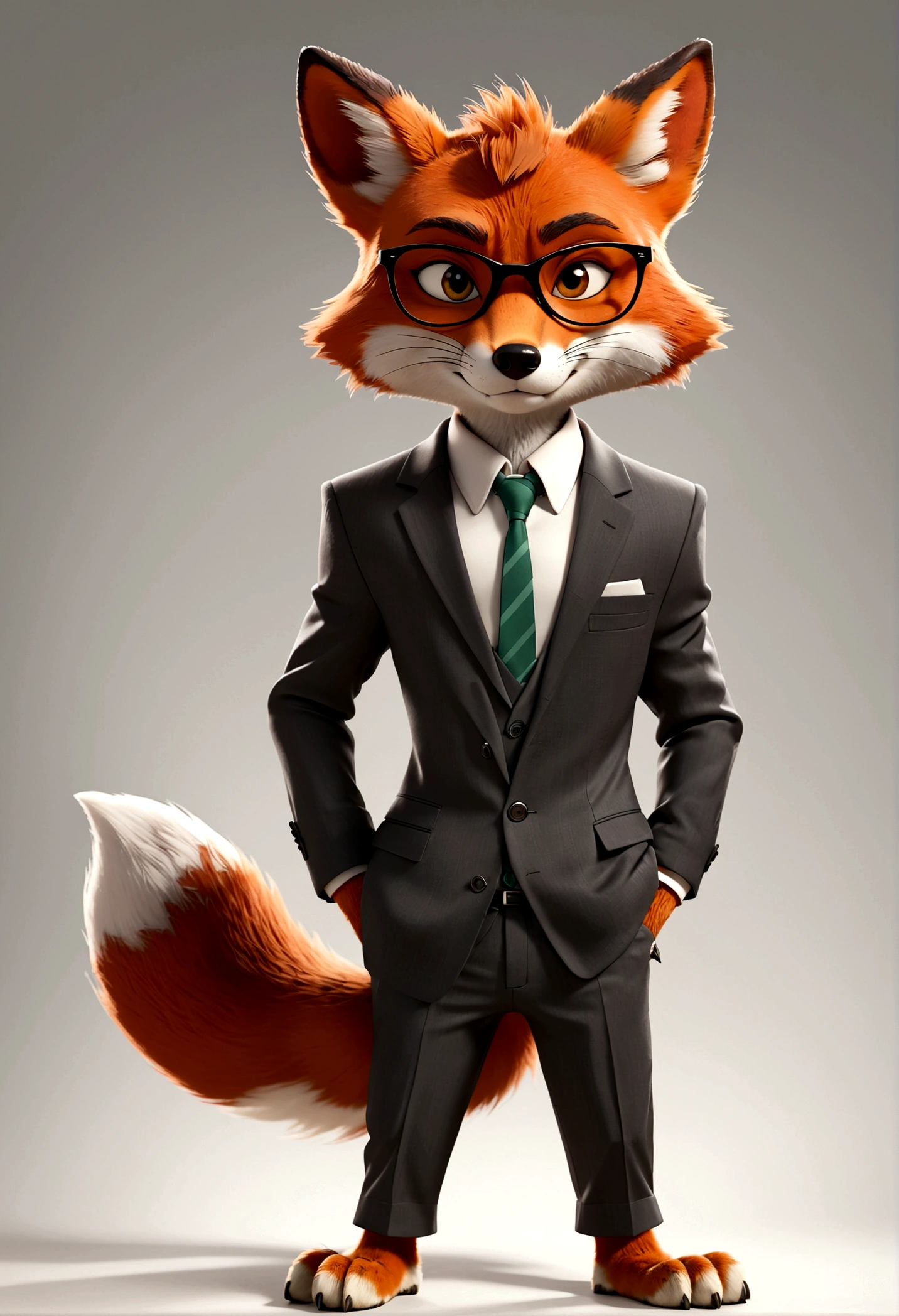 Wearing a suit,wearing glasses,Fox standing with hands in pockets, Zootopia style, movie Features, Zootopia movie style, Zootopia style, looking heckin cool and stylish, in Zootopia style, 迪士尼疯狂Zootopia style, mob_Features, Fox stylized furry, Anthropomorphic gangster fox, Multiple poses and expressions, 4 positions, whole body, White background, Black Sunglasses, Shorty