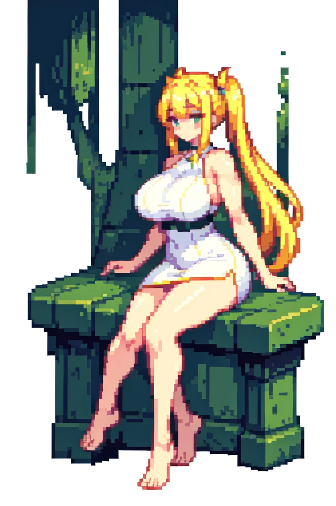 sitting,very tall woman,very big woman,gigantic woman,very thick legs,very muscle,{{long legs}},devil,{{muscular}},{{gigantic breasts}} ,{{curvy}},twintails,blonde hair ,white dress,barefoot,brown skin,masterpiece , best quality , pixel art , 1 girl ,{full body},voluptuous,white background
