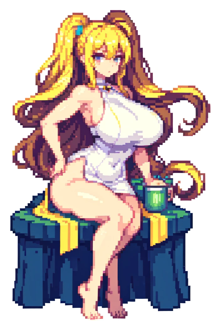 sitting,very tall woman,very big woman,gigantic woman,very thick legs,very muscle,{{long legs}},devil,{{muscular}},{{gigantic breasts}} ,{{curvy}},twintails,blonde hair ,white dress,barefoot,brown skin,masterpiece , best quality , pixel art , 1 girl ,{full body},voluptuous,white background