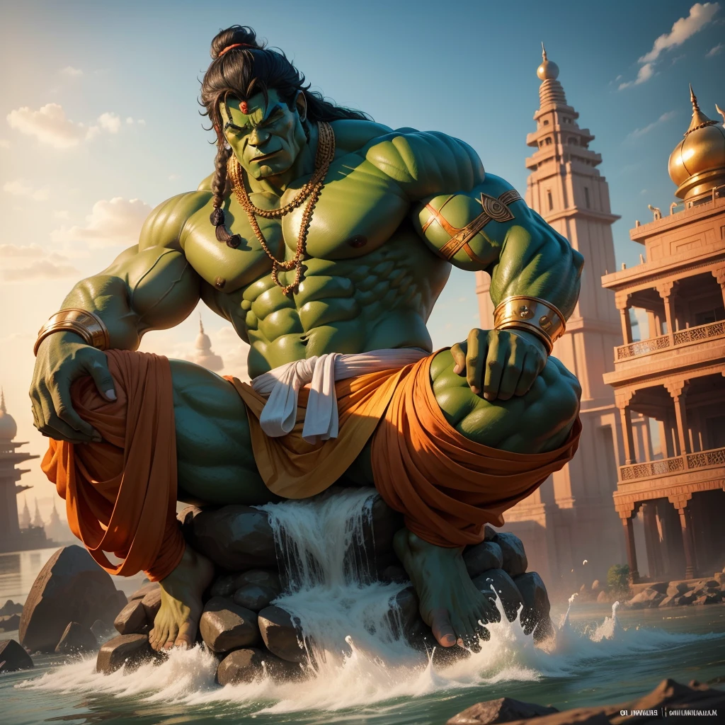 8k High Revolution Ultra Detailed Sculpture: Hulk Transformed as an Indian Deity, Seated in a Grand Temple Overlooking a Flowing River
This intricate sculpture showcases the Hulk in an extraordinary form, transformed into a towering Indian deity. With exaggerated muscles and big hair styled in a traditional Indian topknot, the orange dhoti adds an authentic Indian flair to the typically green-skinned character. Seated serenely in a grand temple, the Hulk-deity gazes out over a serene river, which seems to flow peacefully beneath the immense structure, symbolizing the power of the divine resting calmly amidst humanity