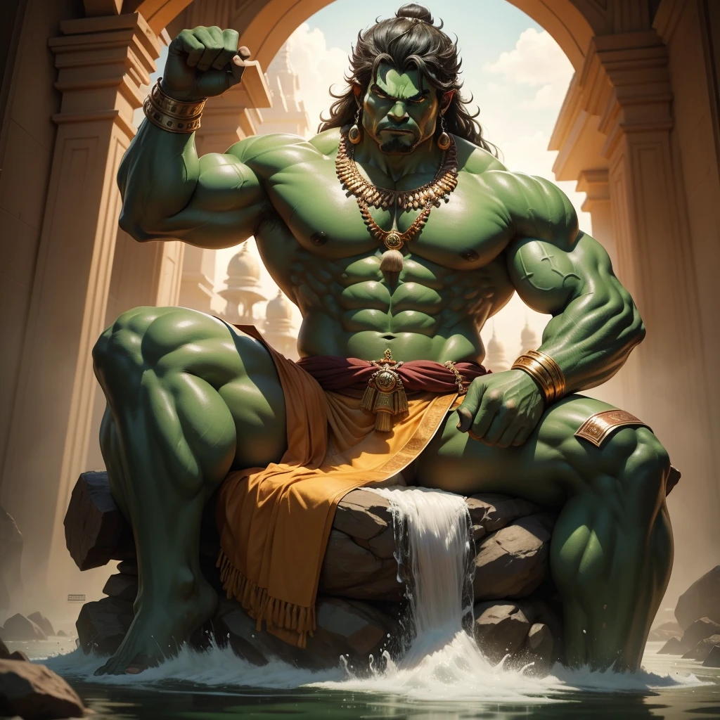 8k High Revolution Ultra Detailed Sculpture: Hulk Transformed as an Indian Deity, Seated in a Grand Temple Overlooking a Flowing River
This intricate sculpture showcases the Hulk in an extraordinary form, transformed into a towering Indian deity. With exaggerated muscles and big hair styled in a traditional Indian topknot, the orange dhoti adds an authentic Indian flair to the typically green-skinned character. Seated serenely in a grand temple, the Hulk-deity gazes out over a serene river, which seems to flow peacefully beneath the immense structure, symbolizing the power of the divine resting calmly amidst humanity