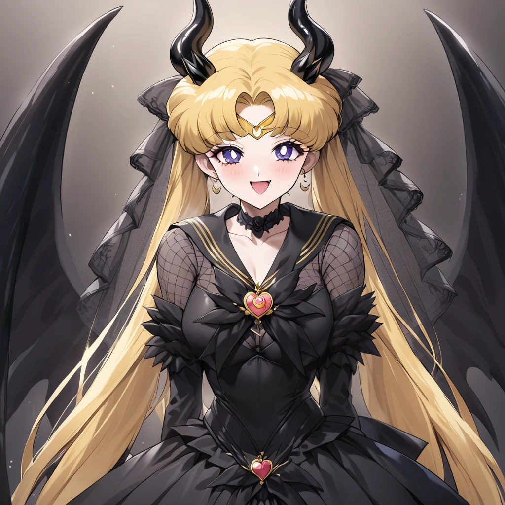 ((Highest quality)), ((masterpiece)), (detailed), （Perfect Face）、Woman is Sailor Moon女は漆黒の肌のセクシーな女悪魔のセーラームーン、The woman is a jet-black demon with magnificent devil horns, jet-black devil wings, and a jet-black tail. Her skin is jet-black, she is wearing a gorgeous black Gothic Victorian wedding dress and a black wedding veil, and she is looking at the camera with a happy expression. She is a jet-black demon named Sailor Moon with blonde hair.２The expression of a girl in love with her long hair tied up、Woman is Sailor Moon