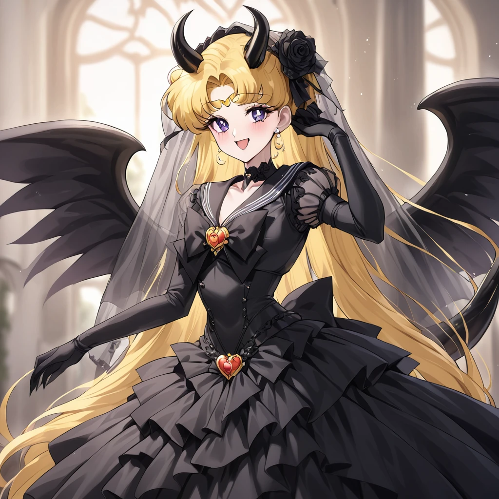 ((Highest quality)), ((masterpiece)), (detailed), (Perfect Face)、Woman is Sailor Moon女は漆黒の肌のセクシーな女悪魔のセーラームーン、The woman is a jet-black demon with magnificent devil horns, jet-black devil wings, and a jet-black tail. Her skin is jet-black, she is wearing a gorgeous black Gothic Victorian wedding dress and a black wedding veil, and she is looking at the camera with a happy expression. She is a jet-black demon named Sailor Moon with blonde hair.2The expression of a girl in love with her long hair tied up、Woman is Sailor Moon