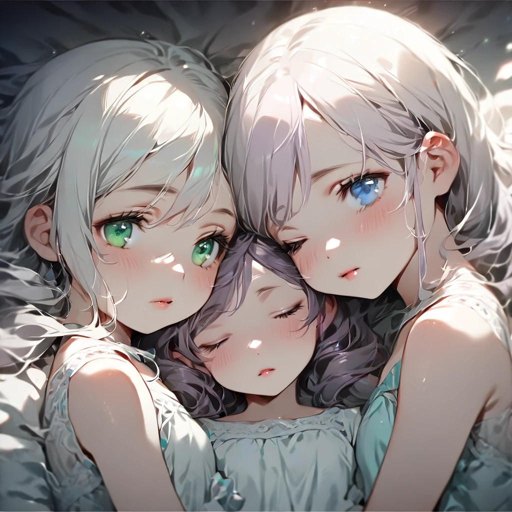 (Cute two girls:1.5),
(masterpiece:1.3), anime visual, (tilt head:1.3), extremely delicate face, realistic lighting and shading, (an extremely delicate and beautiful art:1.3), (muted colors:1.1), two sisters are sleeping in the same bed. the older sister with white hair and blue eyes is lying on her back, embracing the younger sister and stroking her hair. the younger sister with light purple hair and green eyes is sleeping with her face buried in her older sister's chest.