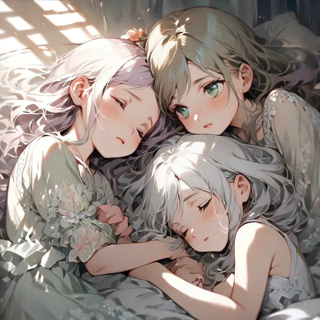 (Cute two girls:1.5),
(masterpiece:1.3), anime visual, (tilt head:1.3), extremely delicate face, realistic lighting and shading, (an extremely delicate and beautiful art:1.3), (muted colors:1.1), two sisters are sleeping in the same bed. the older sister with white hair and blue eyes is lying on her back, embracing the younger sister and stroking her hair. the younger sister with light purple hair and green eyes is sleeping with her face buried in her older sister's chest.