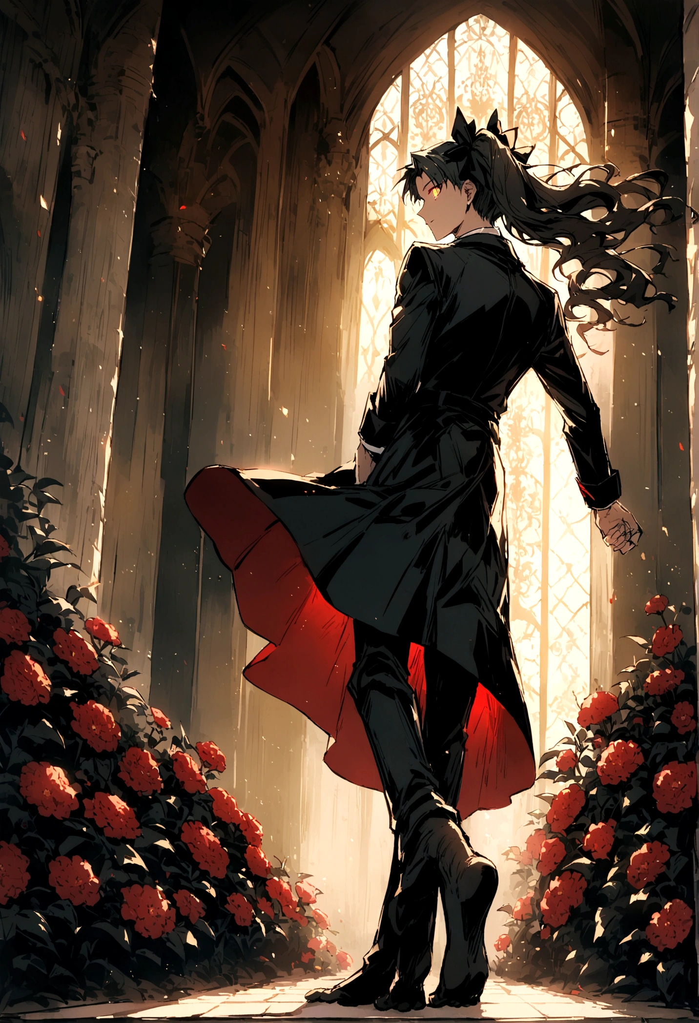 from behind, Show leg,  (Tohsaka Rin), Black Trench Coat, (foots on flowers),(shinning eyes),E7E48U