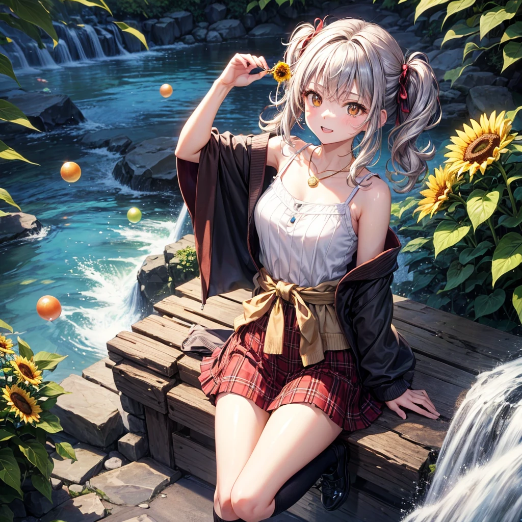 Red, brown, gold, gold hair、Golden Eyes、Hair tied up、One good looking girl、solo、anime、Checkered mini skirt、Ruffles on the skirt、camisole、Lightweight cardigan、Black knee-high socks、Wearing a baseball cap、Ribbon、Ribbon on waist、Teeth are visible、Silver coin necklace、From above、Sunflower Tunnel、Cobblestones、waterfall、Have sunflowers、Midnight Moon、Winding Road、Unlocking、suspension bridge、Flying soap bubbles