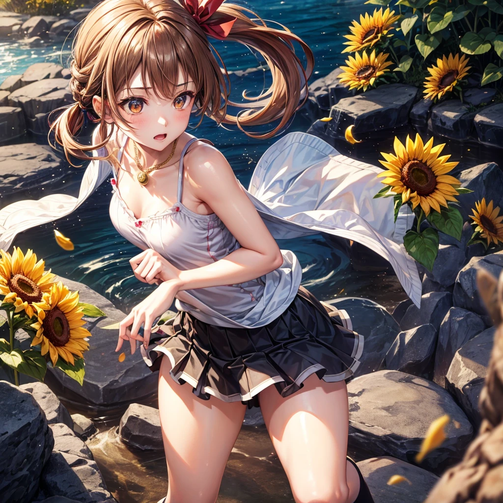 Red, brown, gold, gold hair、Golden Eyes、Hair tied up、One good looking girl、solo、anime、Checkered mini skirt、Ruffles on the skirt、camisole、Lightweight cardigan、Black knee-high socks、Wearing a baseball cap、Ribbon、Ribbon on waist、Teeth are visible、Silver coin necklace、From above、Sunflower Tunnel、Cobblestones、waterfall、Have sunflowers、Midnight Moon、Winding Road、Unlocking、suspension bridge、Flying soap bubbles