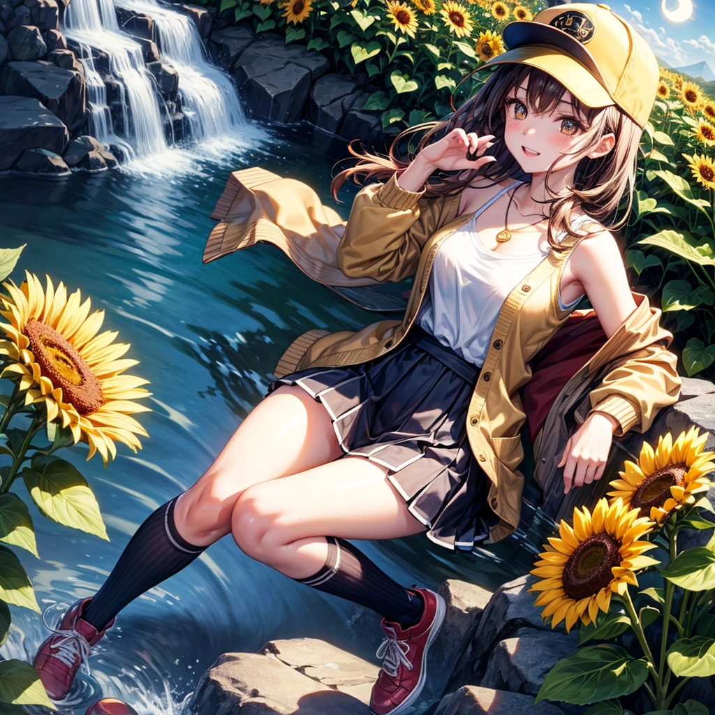Red, brown, gold, gold hair、Golden Eyes、Hair tied up、One good looking girl、solo、anime、Checkered mini skirt、Ruffles on the skirt、camisole、Lightweight cardigan、Black knee-high socks、Wearing a baseball cap、Ribbon、Ribbon on waist、Teeth are visible、Silver coin necklace、From above、Sunflower Tunnel、Cobblestones、waterfall、Have sunflowers、Midnight Moon、Winding Road、Unlocking、suspension bridge、Flying soap bubbles