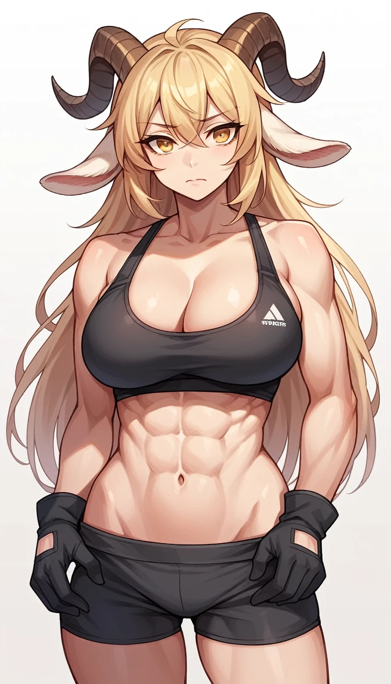 Floox style, 1girl, breasts, solo, horns, long_hair, navel, yellow_eyes, animal_ears, looking_at_viewer, large_breasts, abs, blonde_hair, white_background, cleavage, goat_ears, simple_background, midriff, goat_girl, bare_shoulders, crop_top, stomach, black_gloves, hair_between_eyes, gloves, sports_bra, bangs, collarbone, upper_body, goat_horns, underwear, closed_mouth, very_long_hair