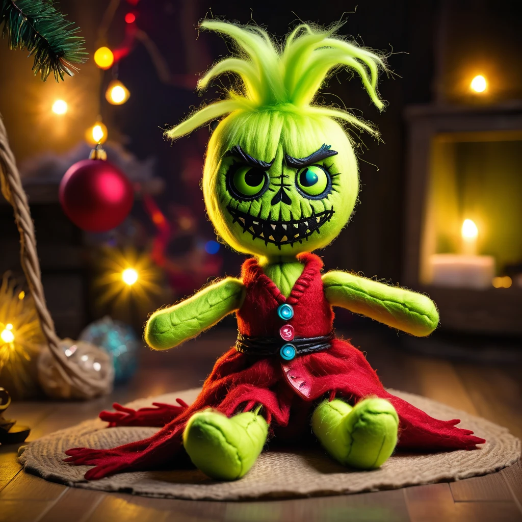 (knitted toy voodoo doll:1.7), (Voodoo Grinch:1.3), (Clothing: green fur with glowing theft symbols:1.0), (Accessories: enchanted sack emitting sparks of mischief magic, levitating spectral presents:1.1), (background: Whoville with floating decorations, glowing lights, and spectral mischief:1.2), best quality, masterpiece, detailed soft oil painting, detailed background, dramatic cinematic lighting, soft edge lighting, professional, dramatic lighting, hard edge lighting, ultra quality, 4k, masterpiece, best quality, 8k, ultra high definition, high resolution, extremely detailed