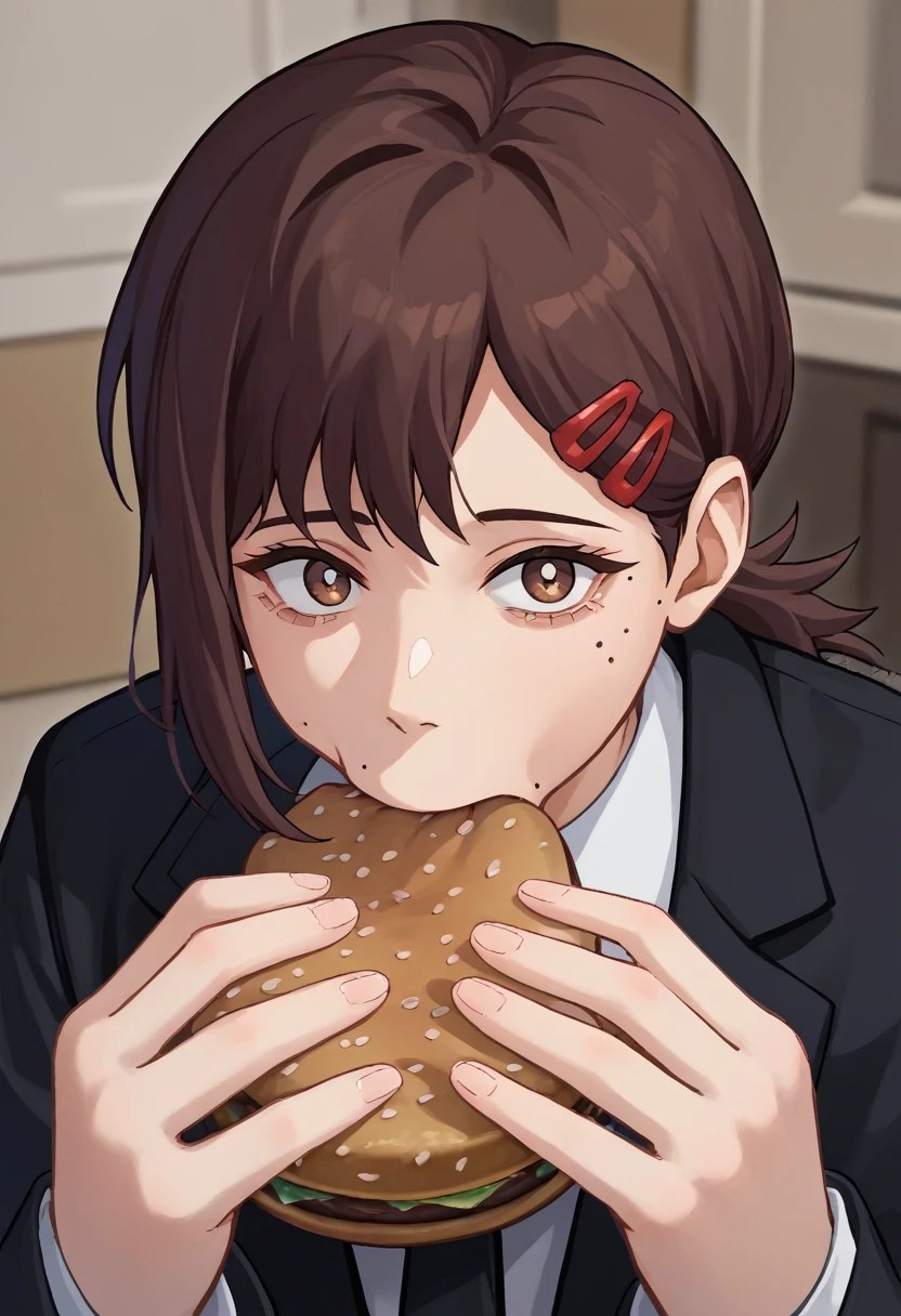 score_9, score_8_up, score_7_up, source_anime, solo, 1girl, kobenidef, mole under eye, mole under mouth, jermaWhopper, eating, burger, looking at you, upper body, single sidelock, short ponytail, hairclip, brown hair, brown eyes, black jacket, suit jacket, white shirt, collared shirt, black necktie, long sleeves, black pants, indoors 