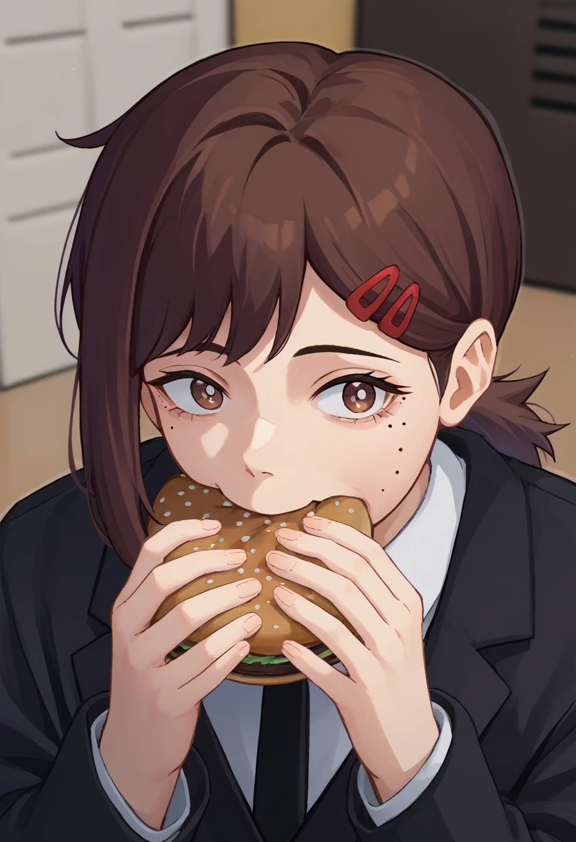 score_9, score_8_up, score_7_up, source_anime, solo, 1girl, kobenidef, mole under eye, mole under mouth, jermaWhopper, eating, burger, looking at you, upper body, single sidelock, short ponytail, hairclip, brown hair, brown eyes, black jacket, suit jacket, white shirt, collared shirt, black necktie, long sleeves, black pants, indoors 