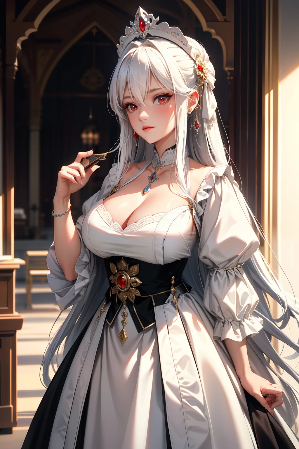 (best quality:1.1), (Masterpiece:1.2), Grand Duke lady, Shiny white hair, red eyes, long hair, ใบหน้าbeautiful, luxary dress, Big breasts, beautiful, collarbone, open chest, Bright face,  Royal high, hall background, เครื่องประดับหรูหรา ((Highest quality, Best Performance, Maximum details, Light and shadow details:1.2, 4k details))