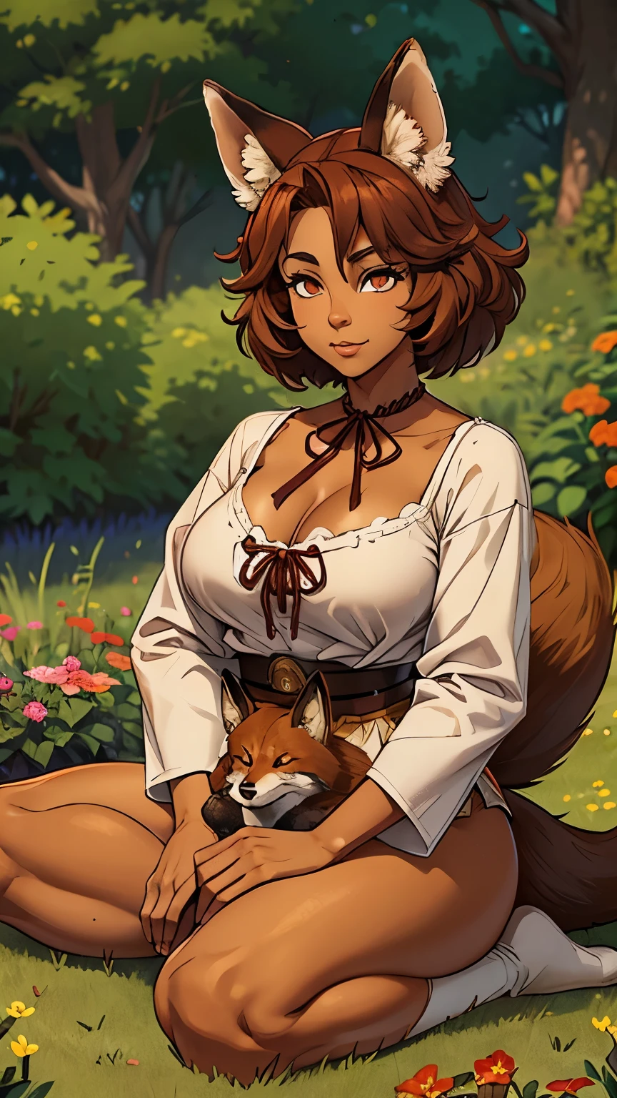 red fox, (monster girl), long brown ears with darker brown inside, brown fur, tan fuzz on the neck, Brown fluffy tail with a tan tip, big brown-eyes, wearing native american clothing, sitting in a flower garden, master part, best qualityer(sfw)