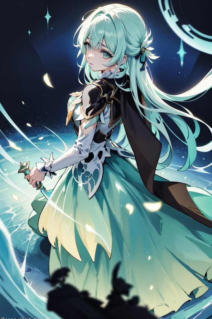 a picture of a woman in a dress with a sword and a sword, detailed key anime art, shadowverse style, in opal armor, high detailed official artwork, official artwork, sliver ice color reflected armor, clothed in ethereal armor, portrait knights of zodiac girl, splash art anime ****, ayaka genshin impact, white cyan