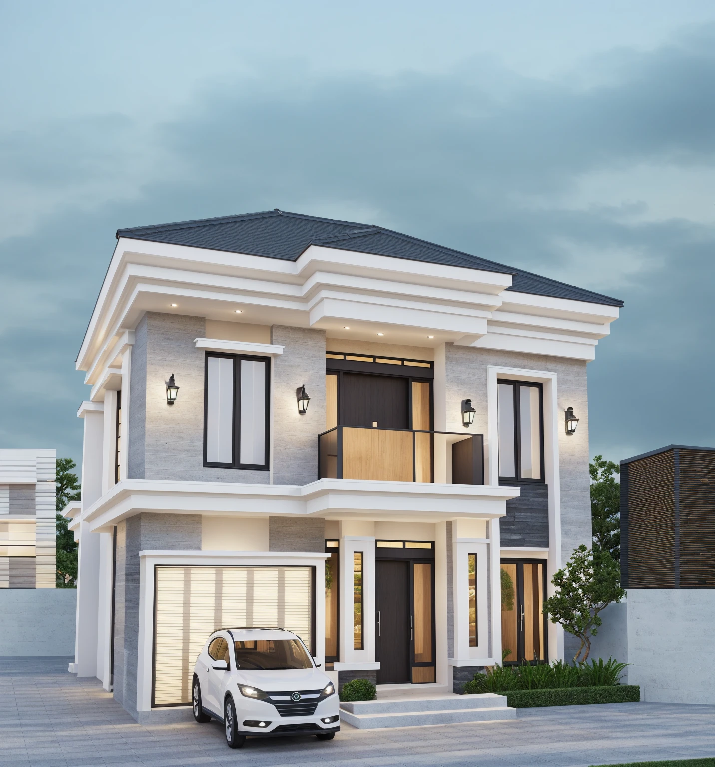PLATFORM KTHOUSE, 1 morden villa, slope roof, main material of villa about build color wall:1.2 glass panel:1.1 and stone:1.2, 1large yard, 1 road runs in front of the house, (RAW photo, real, best quality, masterpiece:1.2), look morden minimalist, 1 road in front of the house, dynamic lighting:1.3, (hyper realistic, photo-realistic:1.2), high quality, (dark lighting:1.2), perfect lighting, archdaily, no human, light at 12 noon, light in door:1.2