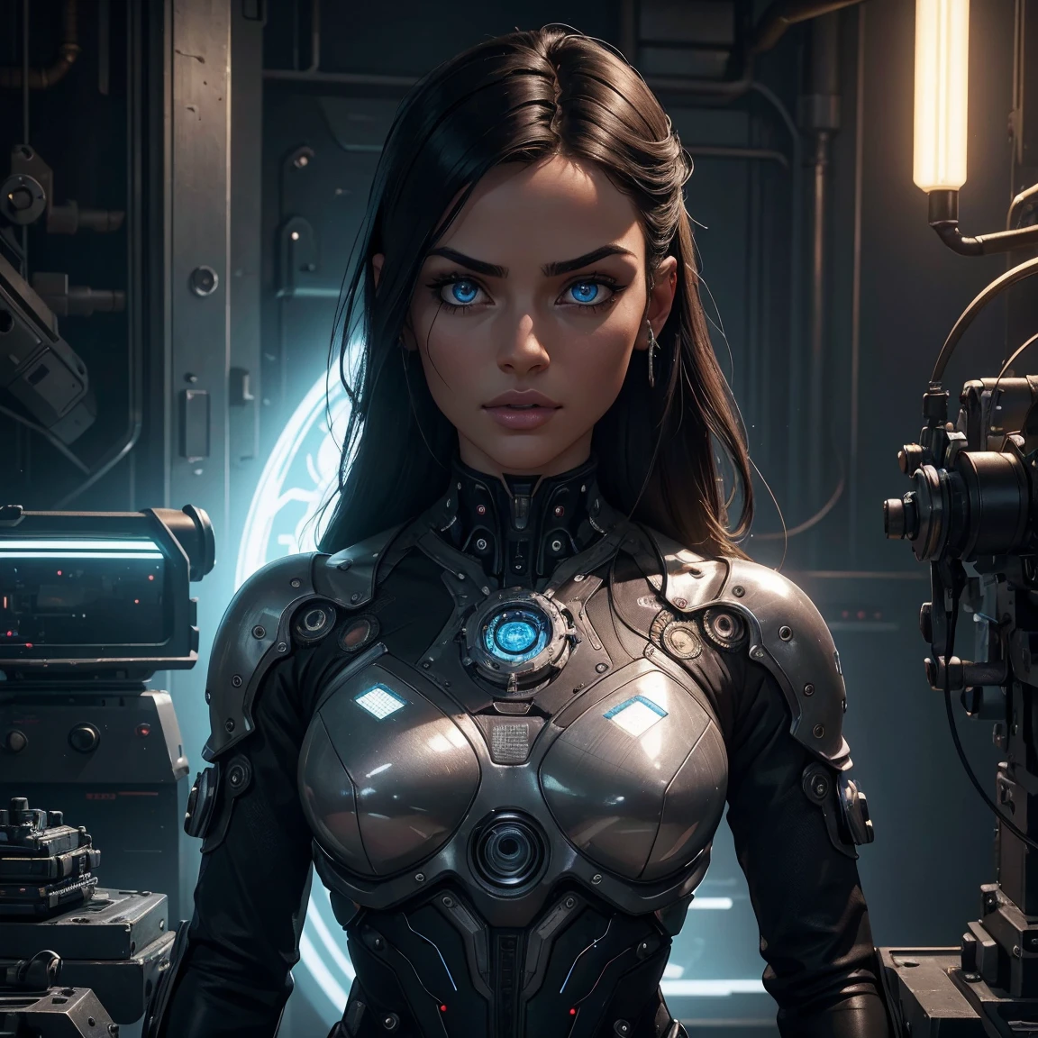 (best quality,4k,8k,highres,masterpiece:1.2),ultra-detailed,(realistic,photorealistic,photo-realistic:1.37),1woman,car parts body,intricate machinery,highly detailed machinery,futuristic cyberpunk,chrome metal,glowing blue lights,complex gears and mechanisms,detailed facial features,piercing eyes,glossy metallic skin,sleek aerodynamic design,cinematic lighting,dramatic shadows,muted color palette