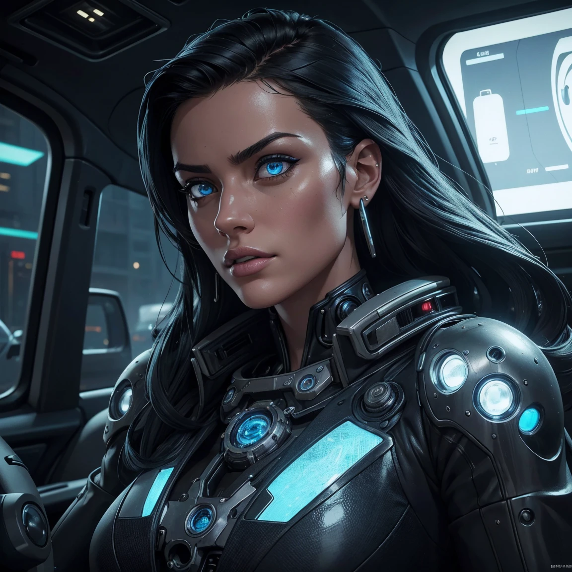 (best quality,4k,8k,highres,masterpiece:1.2),ultra-detailed,(realistic,photorealistic,photo-realistic:1.37),1woman,car parts body,intricate machinery,highly detailed machinery,futuristic cyberpunk,chrome metal,glowing blue lights,complex gears and mechanisms,detailed facial features,piercing eyes,glossy metallic skin,sleek aerodynamic design,cinematic lighting,dramatic shadows,muted color palette