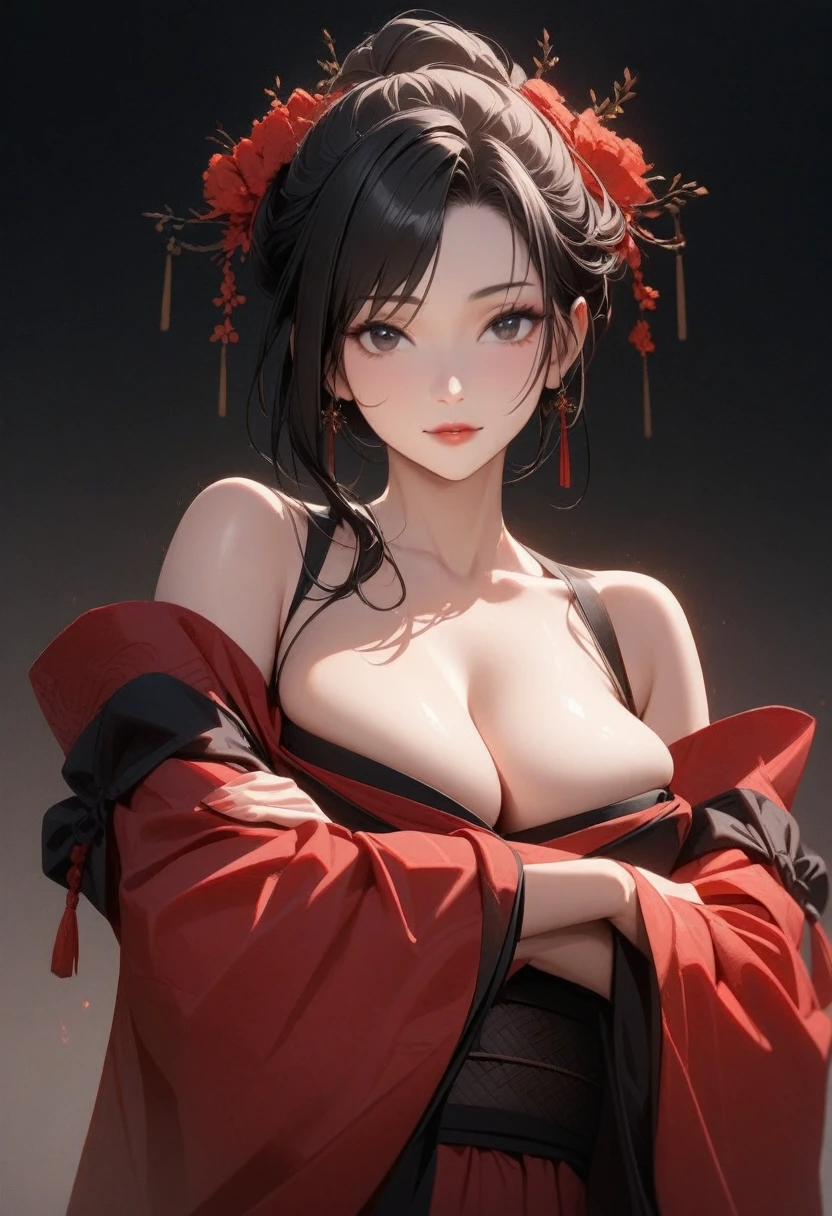 Mature women,Black long hair,Hair up,Red Hanfu,Showing cleavage,Show your shoulders,Beautiful black eyes,Extremely detailed,high resolution,Simple background