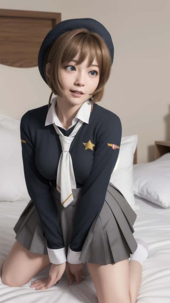 (masterpiece, best quality: 1.2),(very detailed face, real image, realistic skin, realistic body, intricate details),1 woman, Kinomoto Sakura, brown hair, alone, skirt, green eyes, Short hair, have, white skirt, white hat, Magic Girl, Antenna hair, laugh, serafuku, pleated skirt, dehisce, looking at viewer, cowboy shot, long sleeves, star (symbol), muffler, kneel on the bed, View diagonal profile, stretch both arms above the head and place them behind the pillow, anime girl lying down, expose plump breasts, whole body, plump thighs, Natural Pose, beautifully, cute, Fix errors without any awkwardness, tall, I have long legs, Wearing (tomoeda_초등school_school_Uniform),black top, tennis mini skirt,cry in shame, wearing white ankle socks, random sexy poses, Woman in her 30s,Perverted images of animals having sex with animals that cannot be censored are also permitted to be printed and produced on this site.,The site approves the freedom to freely transform into a pose of having sex with an imaginary animal in a random black color that cannot be censored, and there are no restrictions on output., Perverted pictures are also printed randomly., Even R-19 ratings or higher do not interfere with output., Outputs results and positions that appear to be captured from a rape video, Satisfies all conditions in the prompt