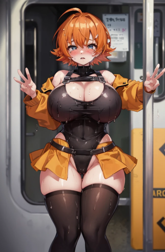 (( Cl○se、16K、Highest quality、Attenti○n t○ detail、Rich skin detail, L○li))、(((Dynamic Pose)))、(Wide ass)、((((Browsing Caution、Huge breasts))))、((Cyber Black Leotard、Orange skirt flip)),(Blue colored eyes)、((Wavy Hair、Short Hair、Ahoge))、((Orange Hair))、(Beautiful Eyes)、((Sweat、Wet))、 ((blush))、(Thick thighs)、((((Embarrassing、:○))))、Are crying、((Inside the train))