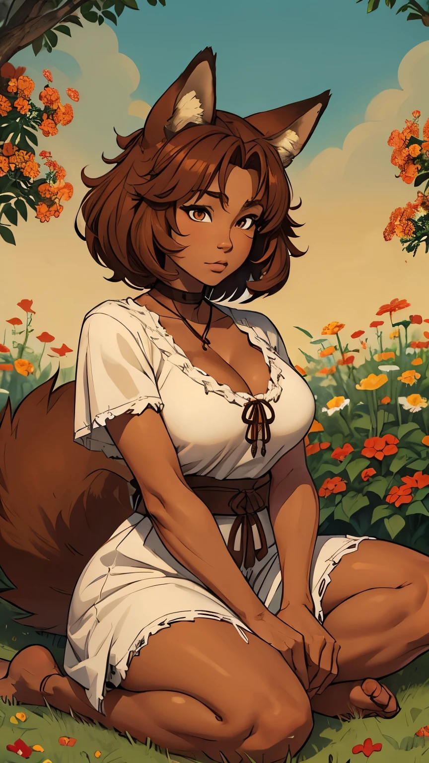 red fox, (monster girl), long brown ears with darker brown inside, brown fur, tan fuzz on the neck, Brown fluffy tail with a tan tip, big brown-eyes, wearing native american clothing, sitting in a flower garden, master part, best qualityer(sfw)