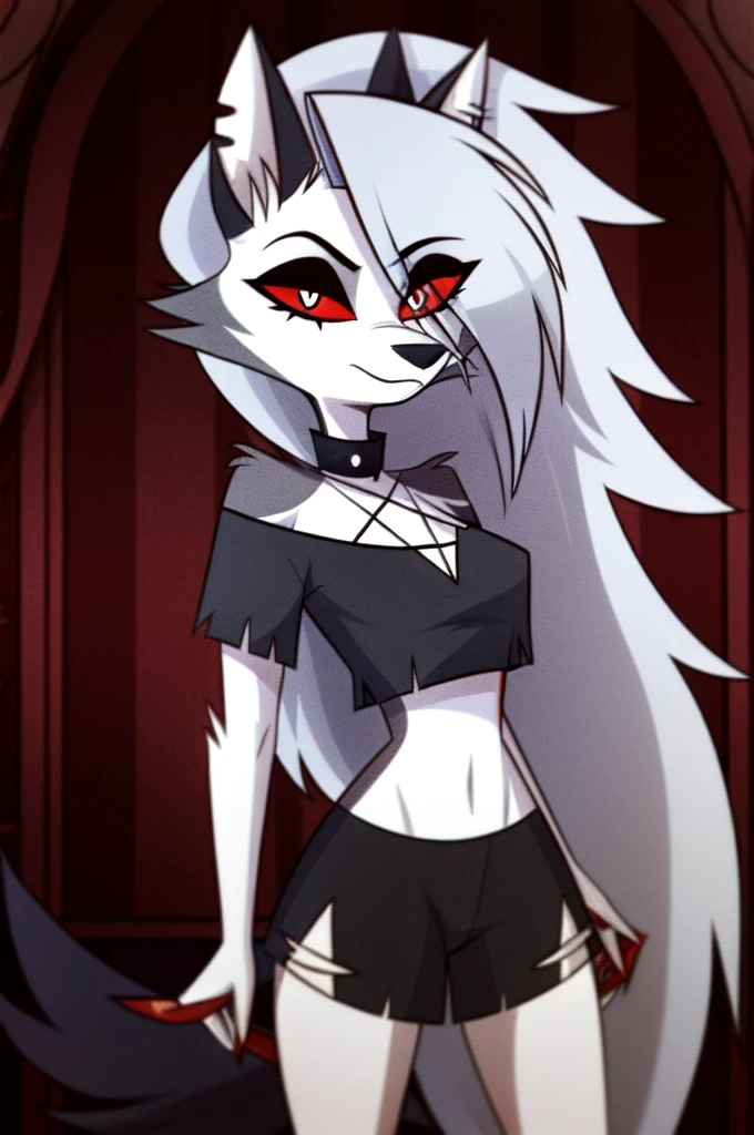 (Vivziepop style), anthro, canid, canid demon, demon, female, hellhound, helluva boss, instagram, (loona), mammal, midriff, official art, red sclera, safe content, shoulderless shirt, solo, long grey hair, (by vivzmind)