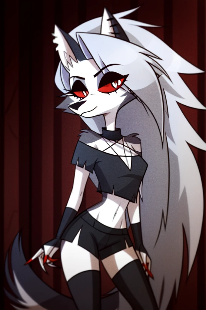 (Vivziepop style), anthro, canid, canid demon, demon, female, hellhound, helluva boss, instagram, (loona), mammal, midriff, official art, red sclera, safe content, shoulderless shirt, solo, long grey hair, (by vivzmind)