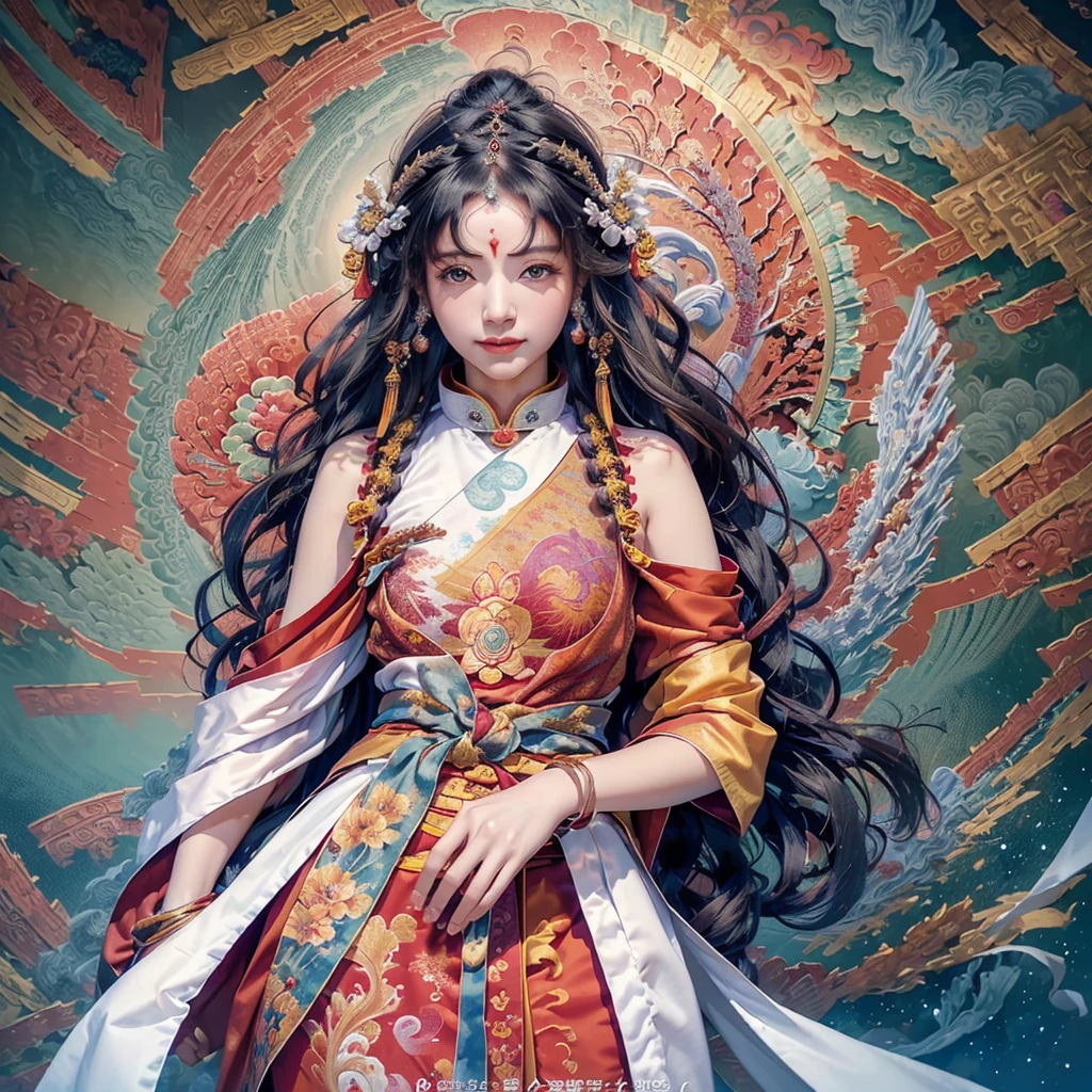 Official Art, Unified 8k wallpaper, Extremely detailed, beautiful and aesthetic, masterpiece, best quality, (tangled, dispute, twist), (Fractal Art: 1.4), 1 Girl, Black Hair, China人, Bare shoulders, Short skirt, calf, Umbilical cord, Very detailed, Dynamic Angle, Cowboy shooting, (The most beautiful form of chaos), flow, (Vibrant colors), oc, (half: 1.2), China, (Thangka Flying Apsaras: 1.5), (Ribbon: 1.3), (Dream: 1.5), (Hanfu: 1.5), China人 dragon, China人 phoenix, (Smile: 0.5), (China人 deity),