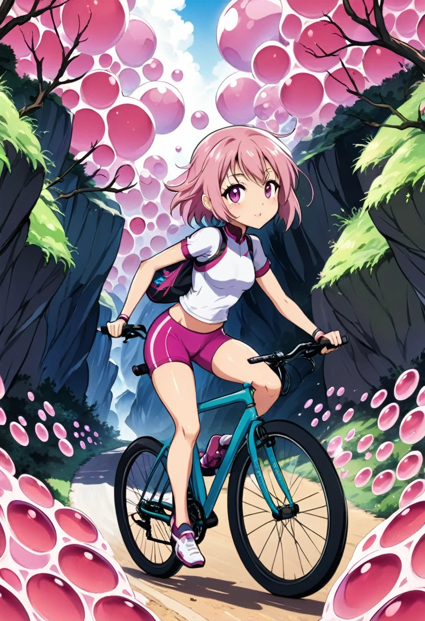 cute anime girl rides a bicycle, in running shorts, short shorts, Canyon covered with pink biological cells
