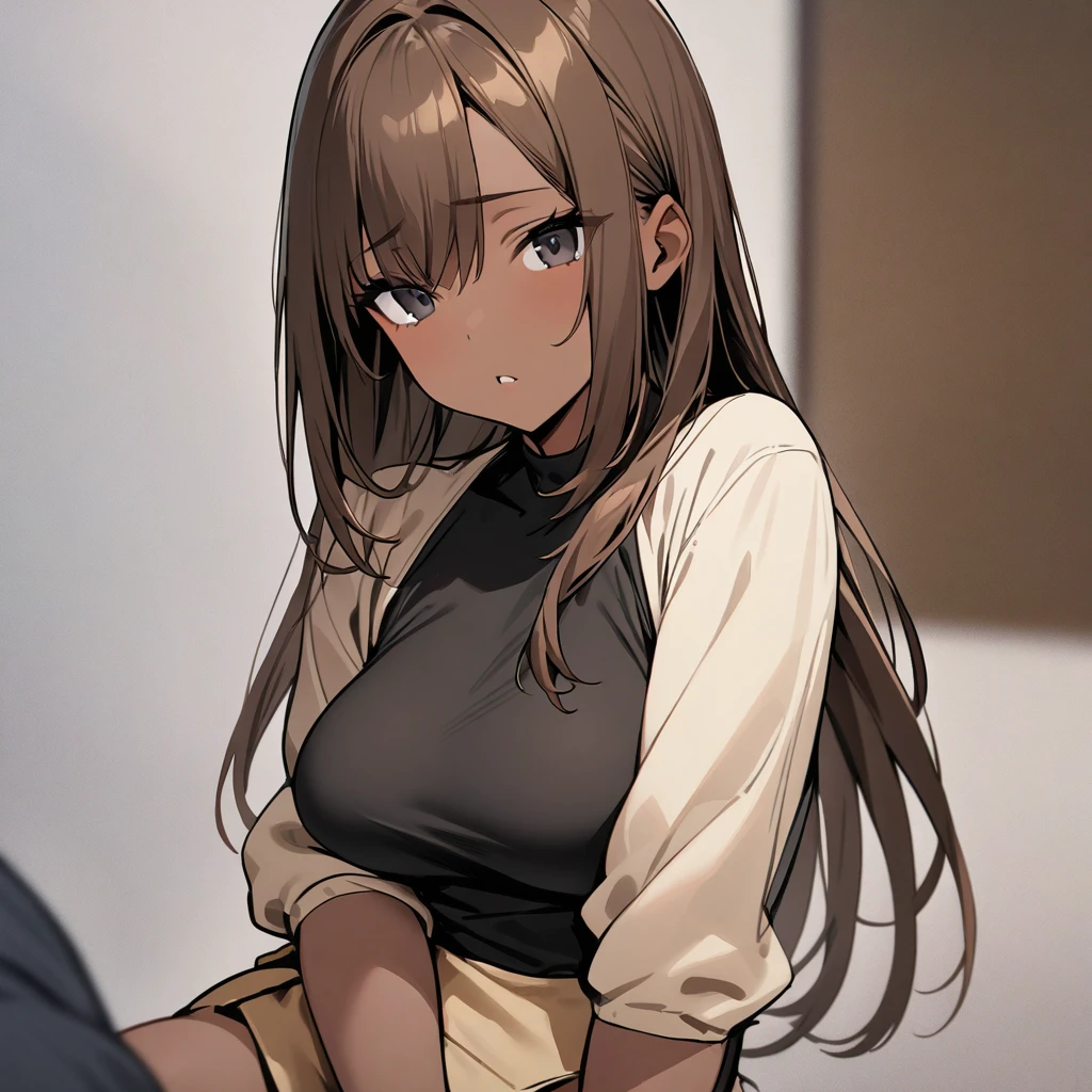 Top quality, masterpiece, gal, brown hair, long hair, black eyes, brown skin, , miniskirt, ツンデレ