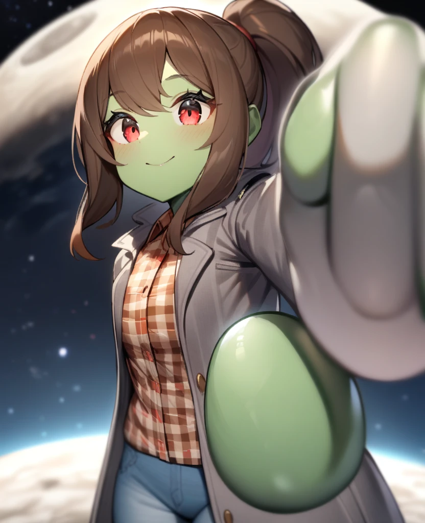 1girl,solo,red eyes,((brown hair:1.5)),ponytail,((light green skin)), very tall, tattered coat, grey coat, tan jeans, flannel shirt,cowboy shot,on moon, blue and grey saturn in sky,Science fiction,ultra-detailed,sharp focus,aesthetic,(best quality) smiling, giantess, 