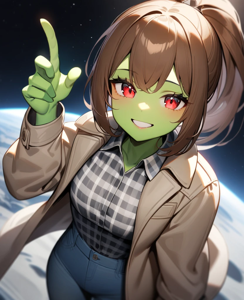 1girl,solo,red eyes,((brown hair:1.5)),ponytail,((light green skin)), very tall, tattered coat, grey coat, tan jeans, flannel shirt,cowboy shot,on moon, blue and grey saturn in sky,Science fiction,ultra-detailed,sharp focus,aesthetic,(best quality) smiling, giantess, 
