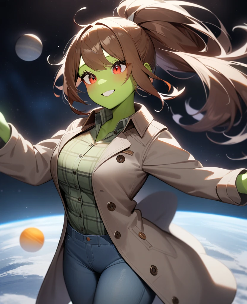 1girl,solo,red eyes,((brown hair:1.5)),ponytail,((light green skin)), very tall, tattered coat, grey coat, tan jeans, flannel shirt,cowboy shot,on moon, blue and grey saturn in sky,Science fiction,ultra-detailed,sharp focus,aesthetic,(best quality) smiling, giantess, 