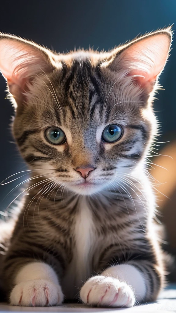 A baby cat's face is drawn in portrait mode, surrounded by vibrant rainbow marble and silver light. The cat's face is sideways, looking up. The fur is drawn in great detail, giving it a realistic texture. The tips of the fur reflect light, beautifully expressing the shiny parts.

The baby cat's eyes are deep rainbow marble, and subtle color changes can be seen when they receive light. The pupils are wide open, giving the impression that the cat is staring at something. The baby cat's nose is rainbow marble colored, and the tip of the nose is also shining brightly when light hits it.

Many faint dots of light float in the background, giving the whole piece a fantastical atmosphere. The dots of light are of various sizes, and are colorfully scattered, mainly in rainbow marble color and silver. These lights blend into the cat's surroundings, giving the impression that the cat is among the stars.

The outlines of the baby cat's whiskers and ears are also emphasized by the light, and each finely drawn hair in particular shines beautifully in the light. The shape of the ears is also clearly defined, with a soft rainbow marble-colored light shining inside the ears.

The lighting effects in this image are very distinctive, highlighting the details of the cat's fur and face while also creating an overall mystical atmosphere. In particular, the gradation of light and the placement of the light spots are exquisite, making a strong impression on the viewer.

Overall, this image is very realistic, yet rich in fantastical elements. The baby
cat's facial expression and the use of light are beautifully harmonious, making this a very visually appealing piece.