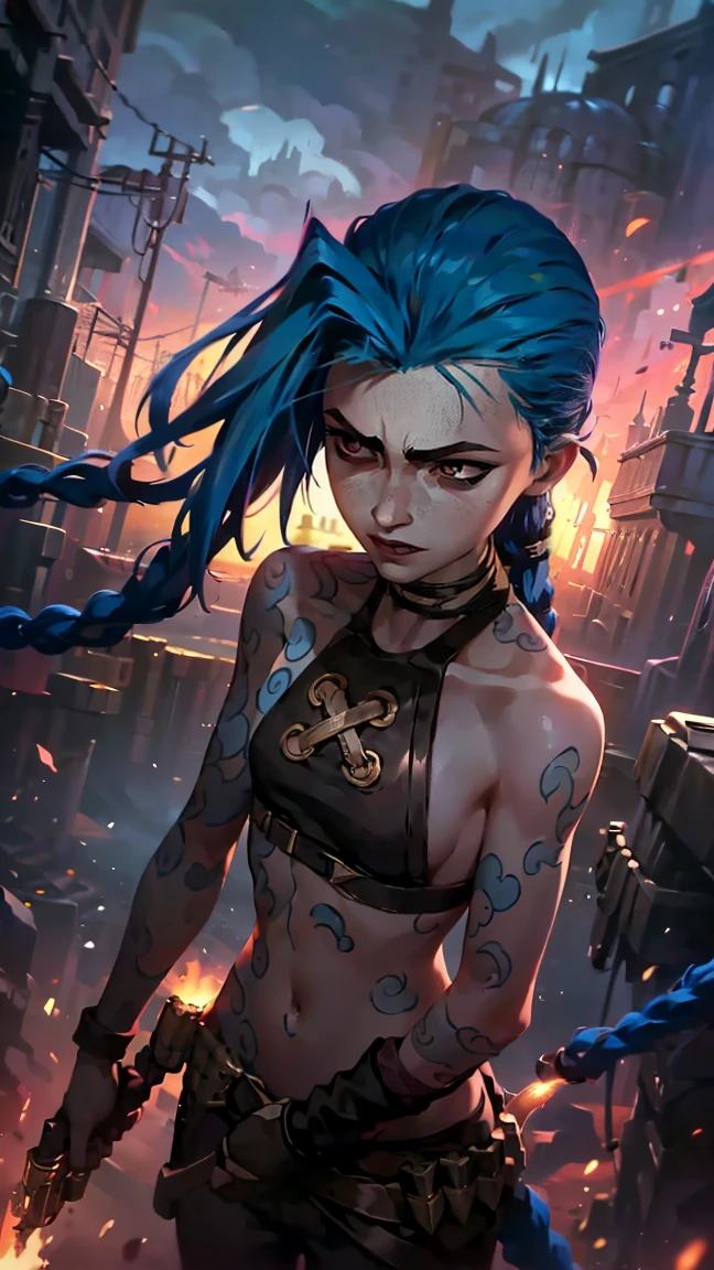 (masterpiece, Best quality), 1 girl, portrait, very sexy, holding a gun in his hand (((round barrel, Short))) pistol grip in right hand, Arm outstretched, full length (full body 1.1.), очень feminine, fighting stance, battle, fire, explosions, burning city, Beautiful waist, gloomy composition, flame, fire, Flash, very beautiful, feminine, long hair, hair braided in long braids, very sexy, tight leather pants, emphasis on the eyes, face accent, Beautiful face, Hands, Hair, Haired ponytail, red purple eyes, Jinx is crying, Blue cloud tattoo, (masterpiece, Best quality), Side lighting, beautiful detailed eyes, crazy face), (Best quality), (masterpiece), magic photography, Spectacular lighting, Photorealism, ultra detailed, интимная portraitная композиция, 1. 4,8 k UHD, aesthetic, Cd., A high resolution, 8 k, better lighting, Best shade, Ultra-HD, A high resolution, sharp focus, Complex background, Cinematic lighting, ((Landscape view)), 4K block, (better lighting), ((Cinematic lighting)),