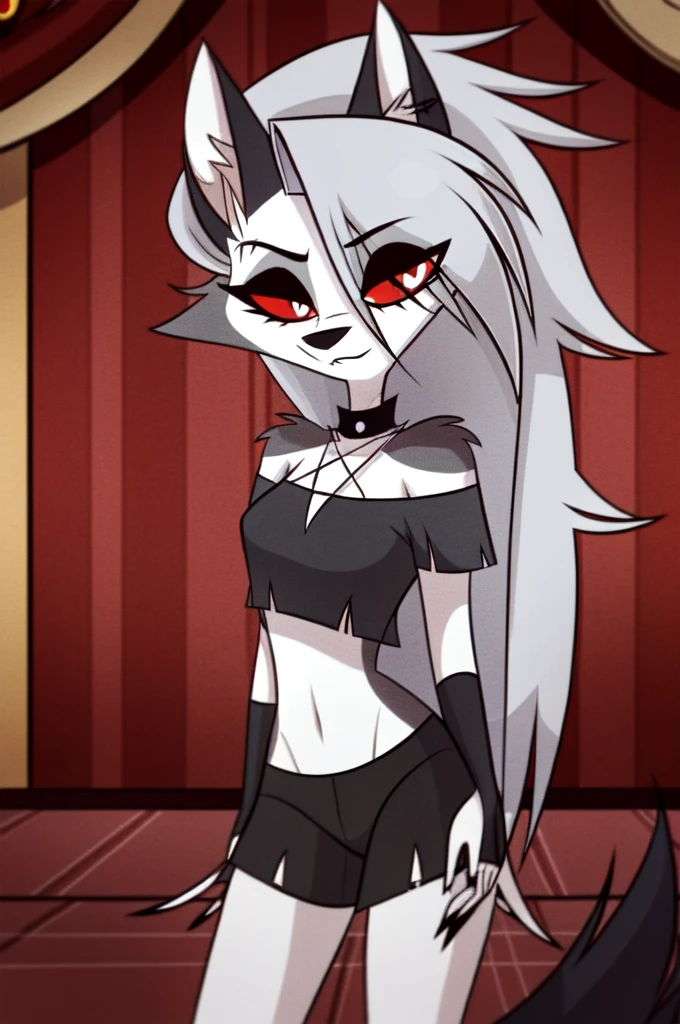 (Vivziepop style), anthro, canid, canid demon, demon, female, hellhound, helluva boss, instagram, (loona), mammal, midriff, official art, red sclera, safe content, shoulderless shirt, solo, long grey hair, (by vivzmind)