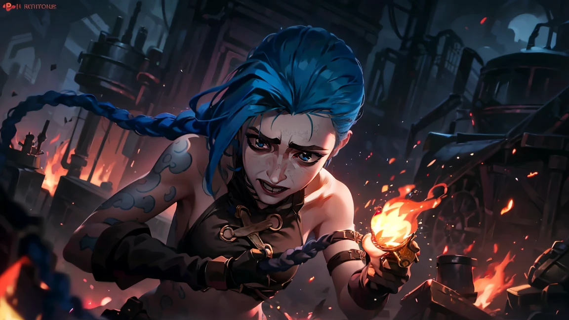 (masterpiece, Best quality), 1 girl, portrait, very sexy, holding a gun in his hand (((round barrel, Short))) pistol grip in right hand, Arm outstretched, full length (full body 1.1.), очень feminine, fighting stance, battle, fire, explosions, burning city, Beautiful waist, gloomy composition, flame, fire, Flash, very beautiful, feminine, long hair, hair braided in long braids, very sexy, tight leather pants, emphasis on the eyes, face accent, Beautiful face, Hands, Hair, Haired ponytail, red purple eyes, Jinx is crying, Blue cloud tattoo, (masterpiece, Best quality), Side lighting, beautiful detailed eyes, crazy face), (Best quality), (masterpiece), magic photography, Spectacular lighting, Photorealism, ultra detailed, интимная portraitная композиция, 1. 4,8 k UHD, aesthetic, Cd., A high resolution, 8 k, better lighting, Best shade, Ultra-HD, A high resolution, sharp focus, Complex background, Cinematic lighting, ((Landscape view)), 4K block, (better lighting), ((Cinematic lighting)),